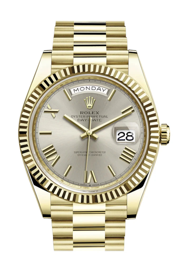 Rolex Day-Date 40 Silver Roman Dial 18K Yellow Gold President Automatic Men's Watch (228238)