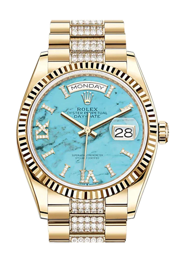 Rolex Day-Date 36 Turquoise Dial 18k Yellow Gold Watch with Diamond-Set President Bracelet (128238)