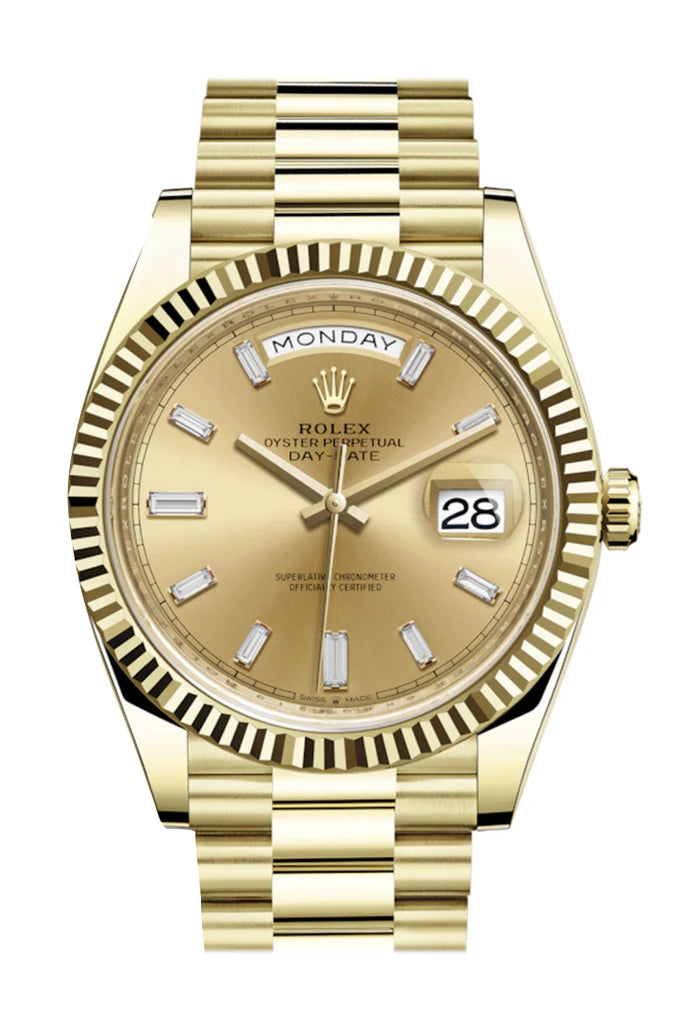 Rolex Day-Date 40 Champagne 10 Baguette Diamond Dial 18K Yellow Gold President Automatic Men's Watch (228238)