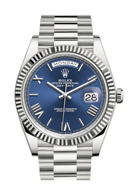 Rolex Day-Date 40 Blue Roman Dial Fluted Bezel White Gold President Automatic Men's Watch (228239)