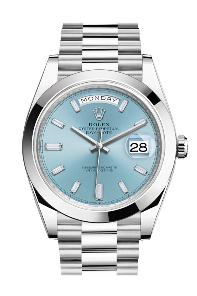 Rolex Day-Date 40 Platinum President Ice Blue 10 Baguette Diamond Dial Men's Watch (228206)