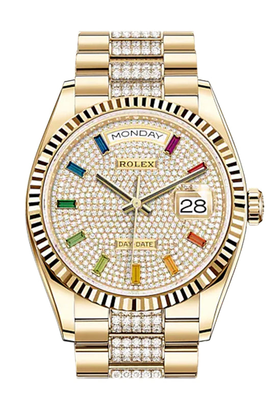 Rolex Day-Date 36 Diamond Paved Dial 18k Yellow Gold Watch with Diamond-Set President Bracelet (128238)