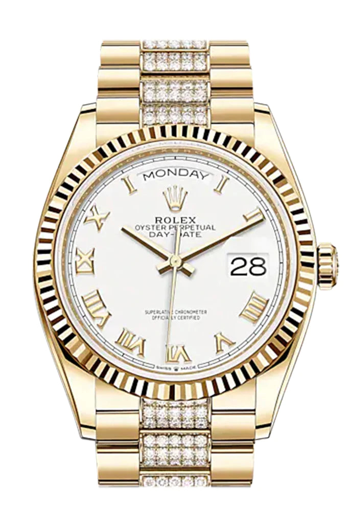 Rolex Day-Date 36 White Roman Dial 18k Yellow Gold Watch (128238)