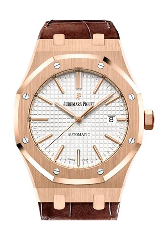 Audemars Piguet Royal Oak 41mm Silver-Toned Dial Pink Gold Brown Alligator Strap Watch 15400OR.OO.D002CR.01