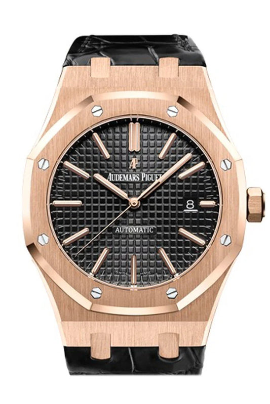 Audemars Piguet Royal Oak 41mm Black Dial Pink Gold Black Alligator Strap Watch 15400OR.OO.D002CR.01