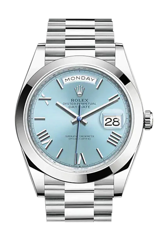 Rolex Day-Date 40 Ice Blue Dial Roman Dome Bezel Platinum President Automatic Men's Watch (228206).