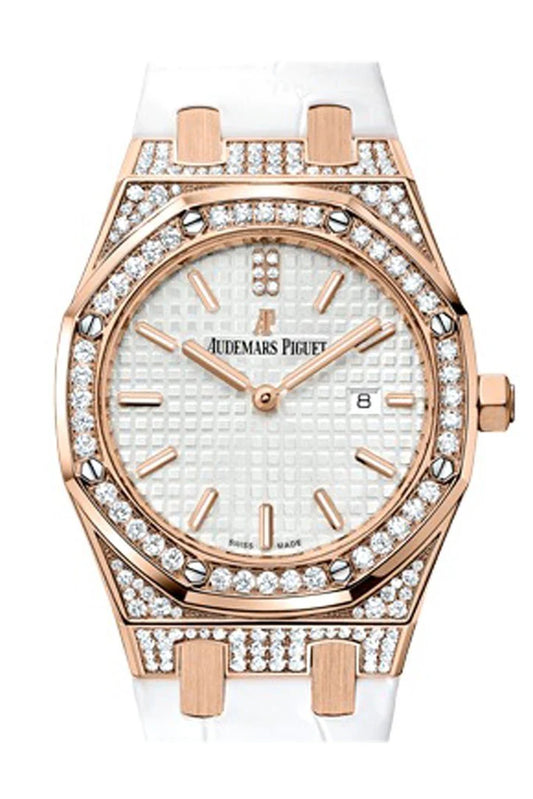 Audemars Piguet Royal Oak Lady 33mm Silver-Toned Dial Diamond 18K Pink Gold White Alligator Strap Ladies' Watch 67652OR.ZZ.D011CR.01