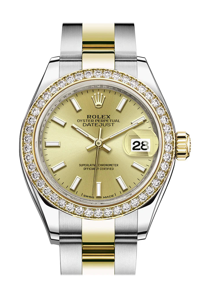 Rolex Datejust 28 Champagne Dial Diamond Bezel Yellow Gold Jubilee Ladies Watch (279383RBR)